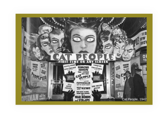 POSTCARD / Cat People / Val Lewton / Simone Simon / Theater marquee, 1942