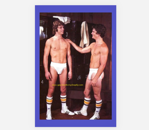 POSTCARD / Two athletes in jockstrap in lockeroom