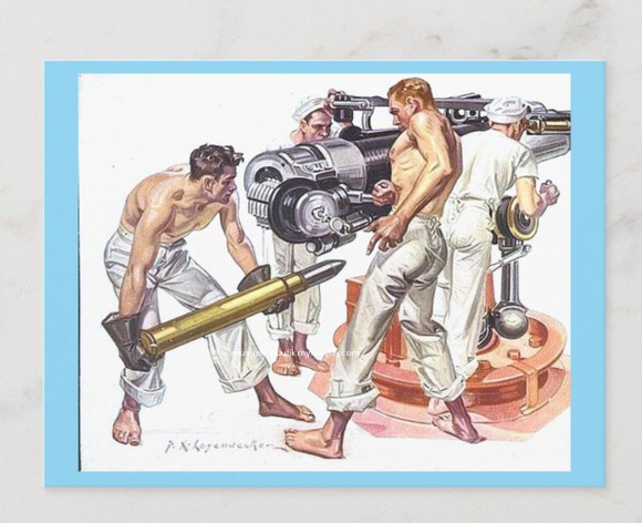 POSTCARD / LEYENDECKER Joseph /  Navy sailors with gun, 1918 (blue)