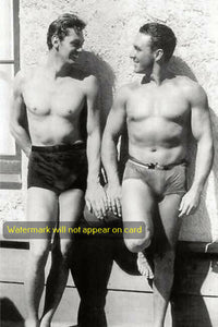 POSTCARD / Johnny Weissmuller and George O'Brien in swimsuits, 1930s
