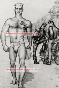 POSTCARD / Tom of Finland / Sailor on beach with two bikers
