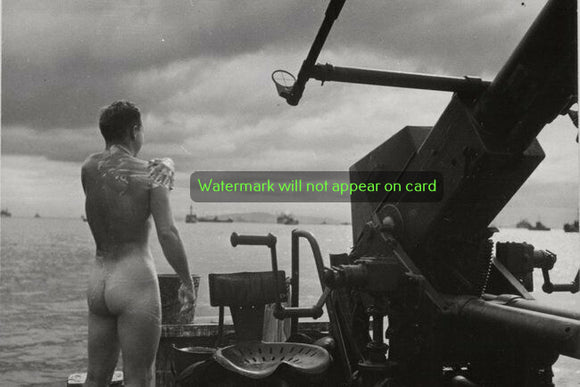 POSTCARD / WWII nude navy gunner