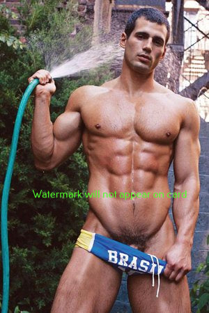 POSTCARD / Rafael in swimsuit + water hose