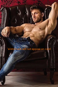 POSTCARD / Muscular Man in Leather Chair