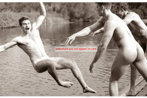 POSTCARD / Three nude men horseplay at the lake