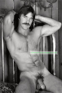 POSTCARD / Man nude with mustache arms up