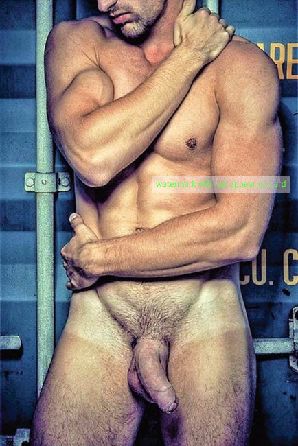 POSTCARD / Muscular nude man + metal pipes