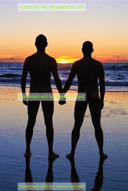 POSTCARD / Two nude men on the beach at sunset