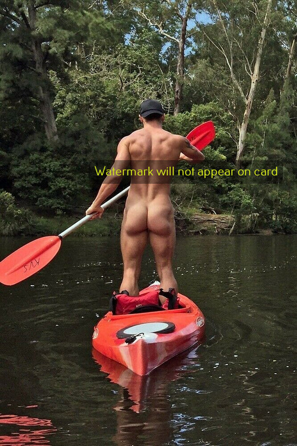GREETING CARD / Kayaking man in the nude