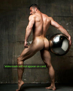 POSTCARD / Nude male figure with chrome sphere