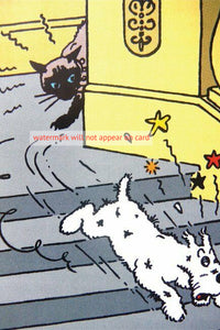 POSTCARD / Tintin / Cat chasing Milou chasing in stairs