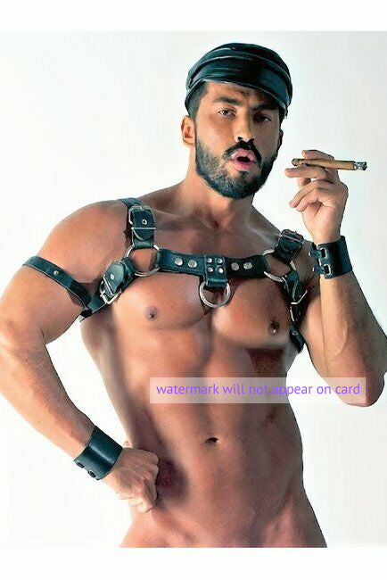 POSTCARD / Leather man nude with cigar