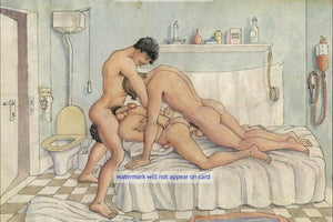 POSTCARD / German vintage illustration / Three men on bed