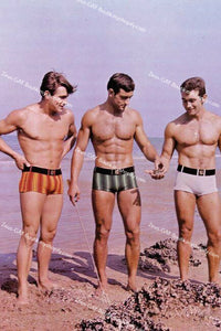 POSTCARD / Three French beachboys in swimsuits, 1957 / Jean Ferrero