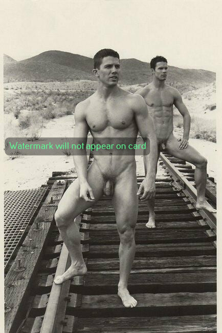 POSTCARD / Two nude men on railroad tracks